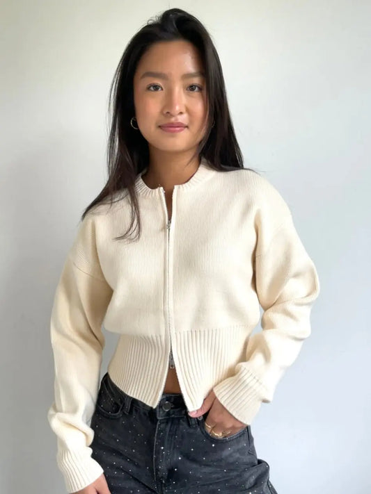 Knitted Zip Cardigan Beige - By Juulz Fashion
