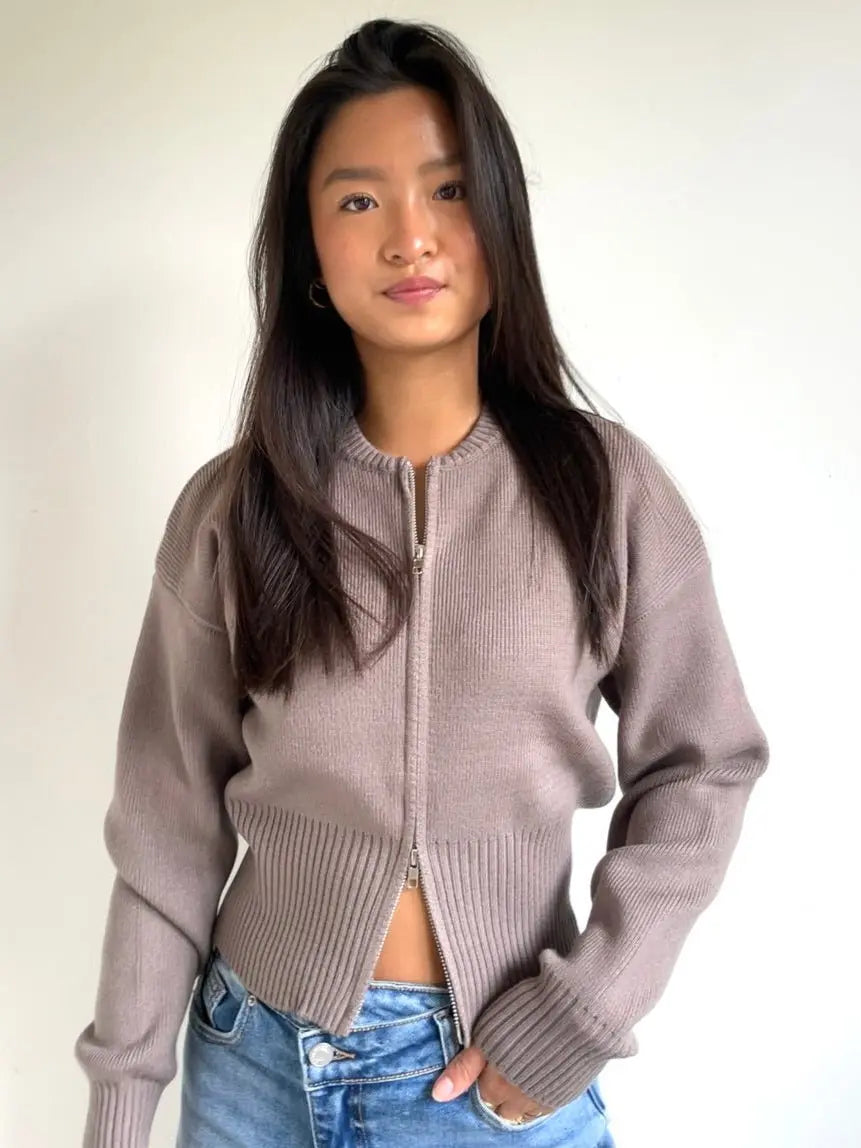Knitted Zip Cardigan Taupe - By Juulz Fashion
