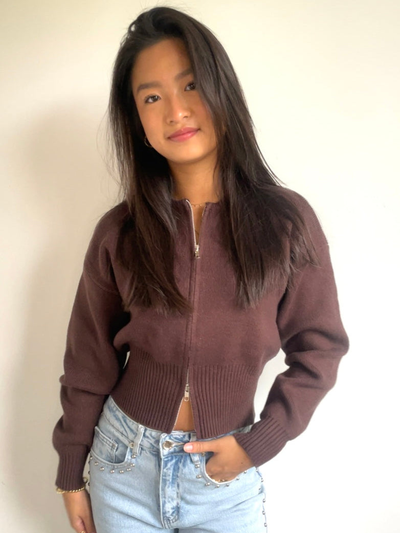 Knitted Zip Cardigan Brown