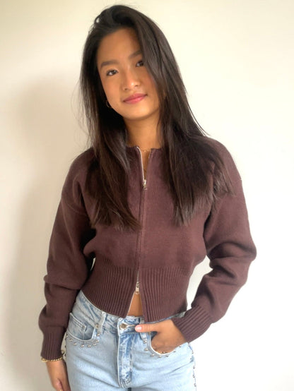 Knitted Zip Cardigan Brown