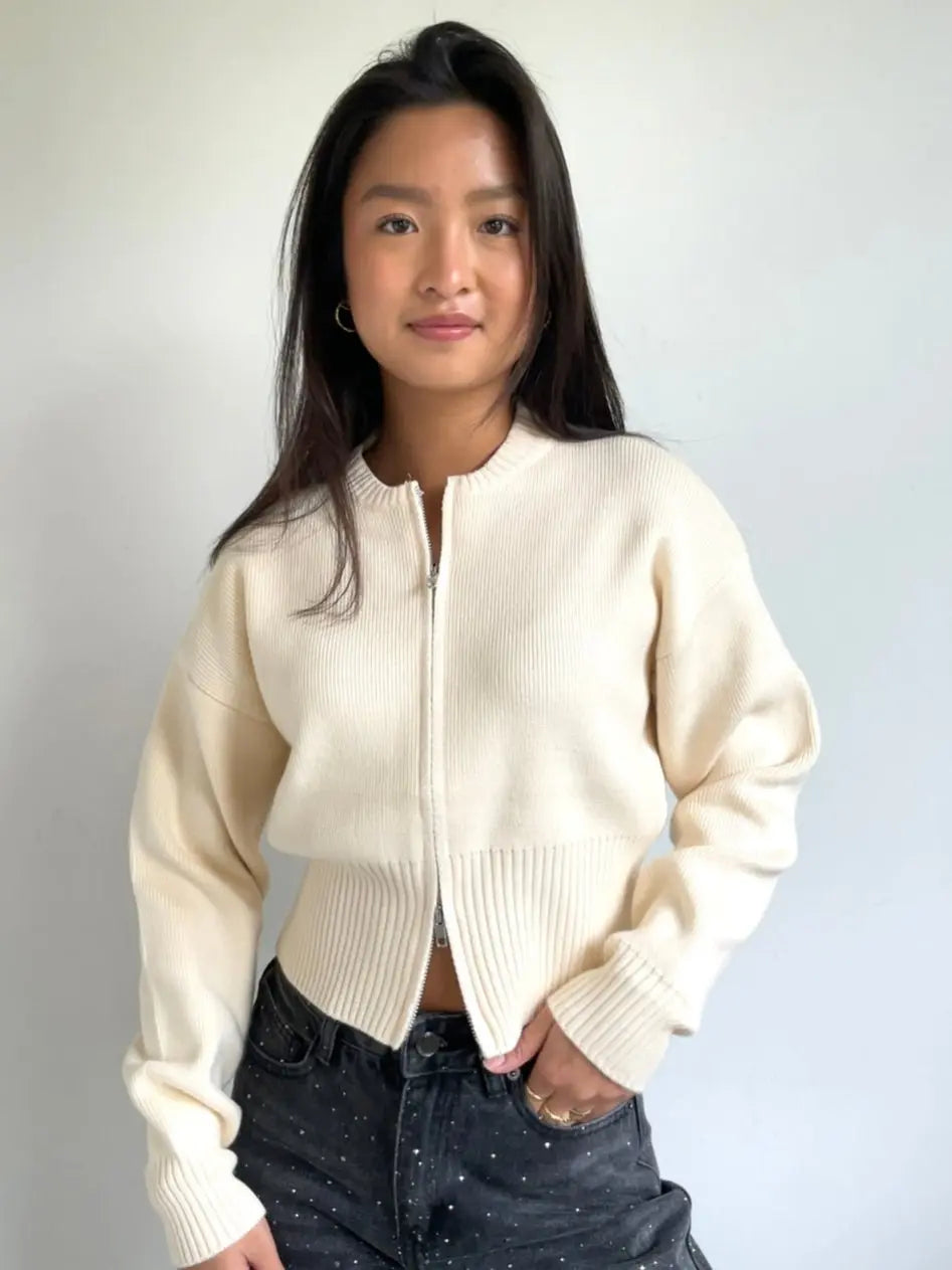 Knitted Zip Cardigan Beige - By Juulz Fashion