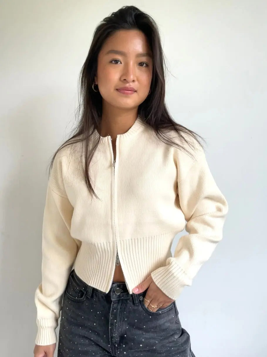 Knitted Zip Cardigan Beige - By Juulz Fashion