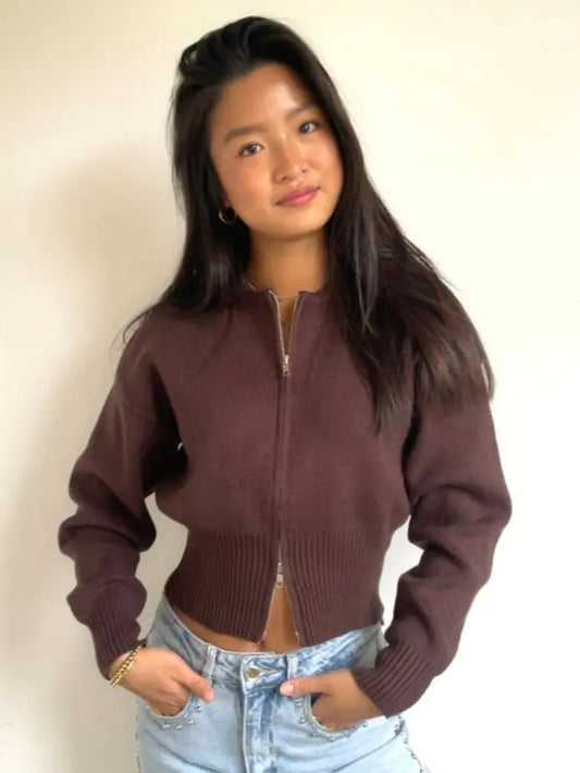 Knitted Zip Cardigan Brown - By Juulz Fashion