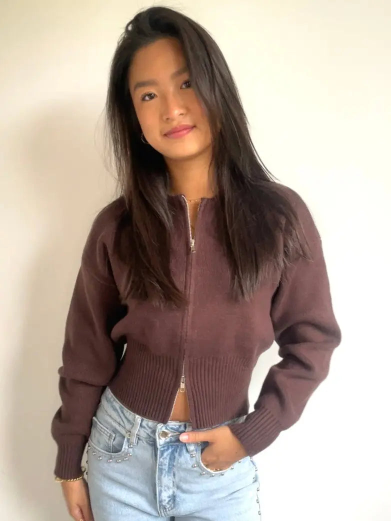 Knitted Zip Cardigan Brown - By Juulz Fashion