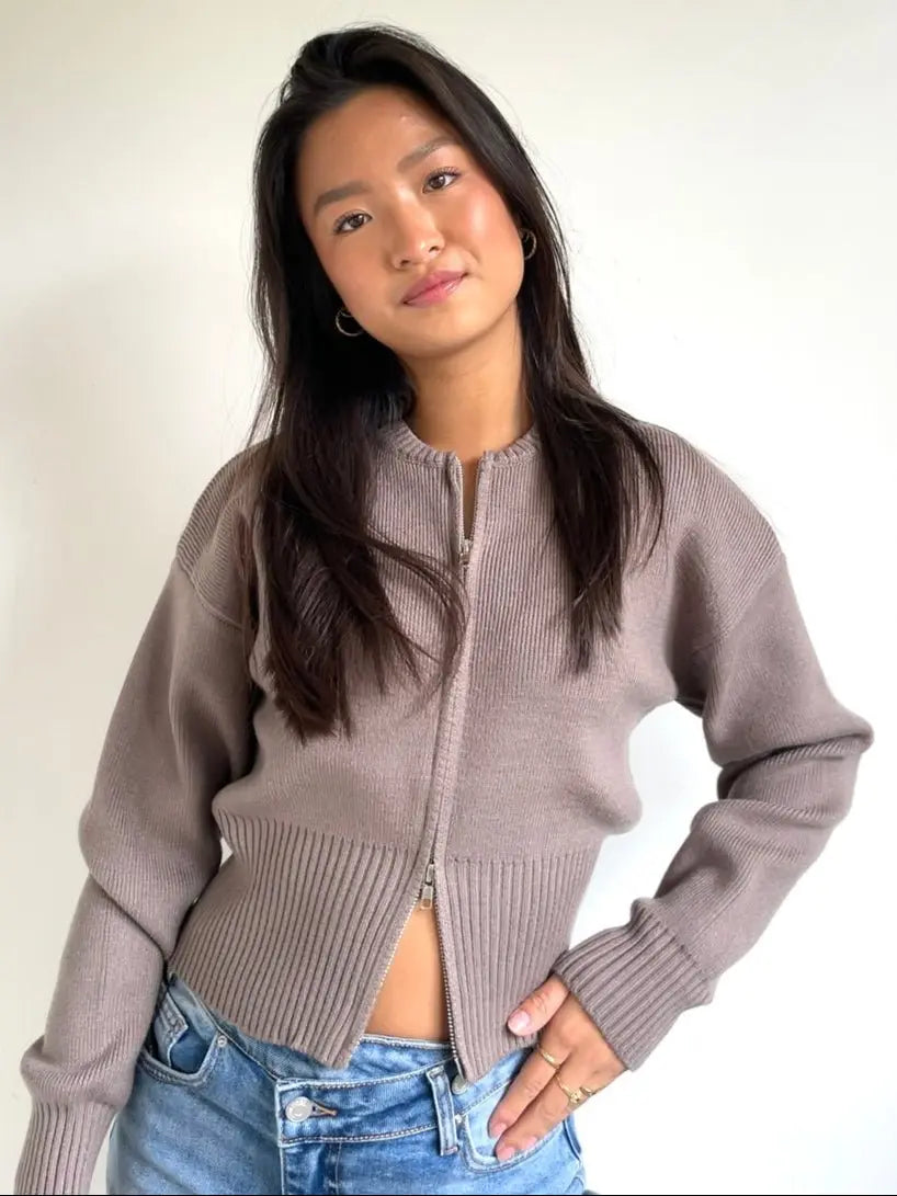 Knitted Zip Cardigan Taupe - By Juulz Fashion